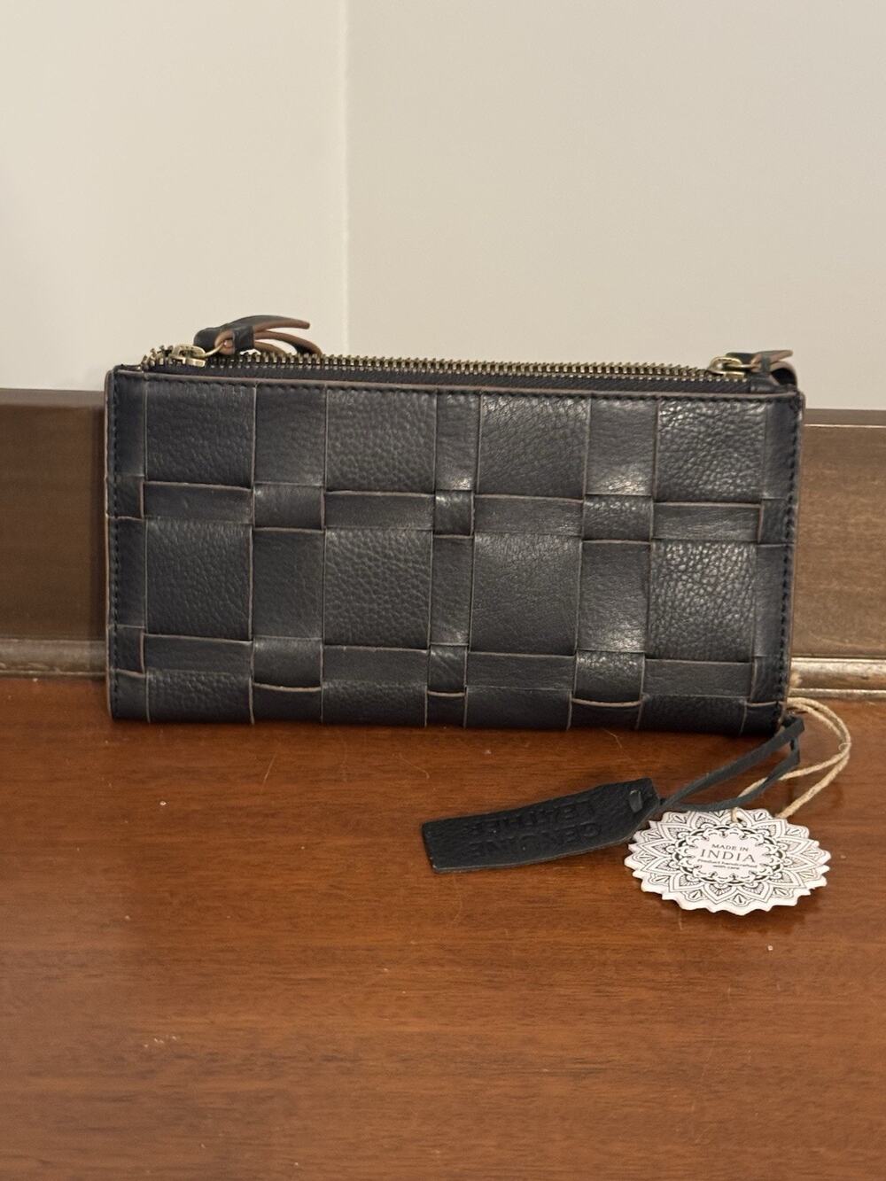 Leather wallet Made in India Soft Double Zippers Woven Double Snap NWT